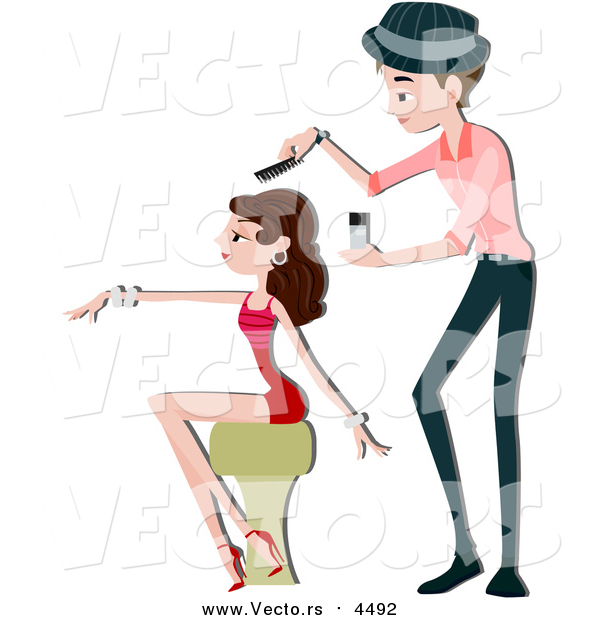Vector of a White Male Beautician Styling a Woman's Hair