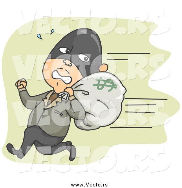 Vector of a White Male Robber Running Away with a Money Bag