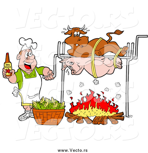 Vector of a White Man Holding a Bottle of Bbq Sauce and Cooking a Cow and Pig over a Fire