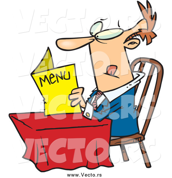 Vector of a White Man Sitting at a Table and Reading a Menu at a Restaurant