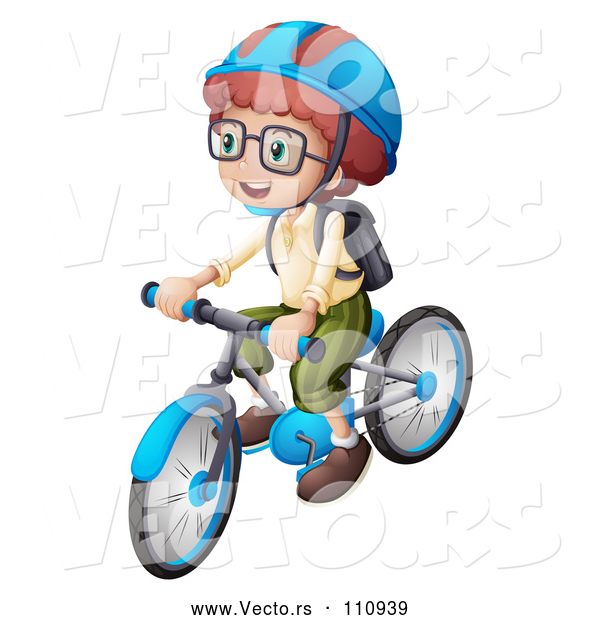 Vector of a White School Kid Wearing a Helmet and Riding a Bicycle