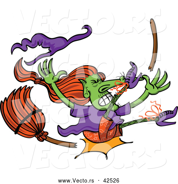 Vector of a Wicked Cartoon Witch Crashing Hard While Her Broom Breaks