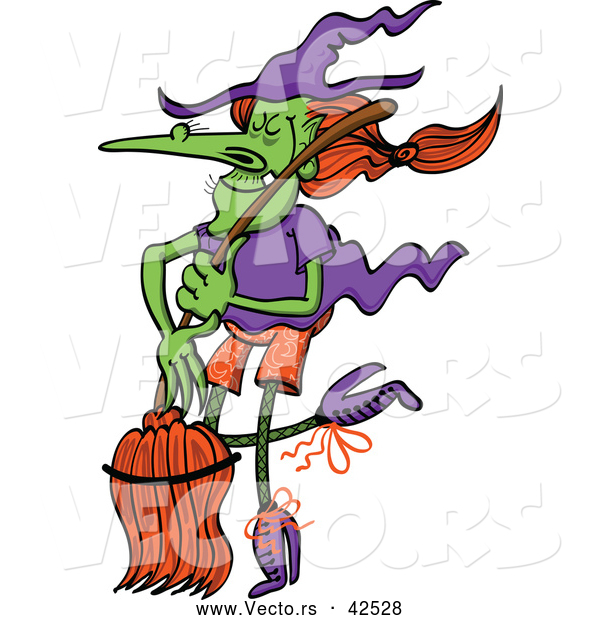 Vector of a Wicked Cartoon Witch Dancing with Her Broom