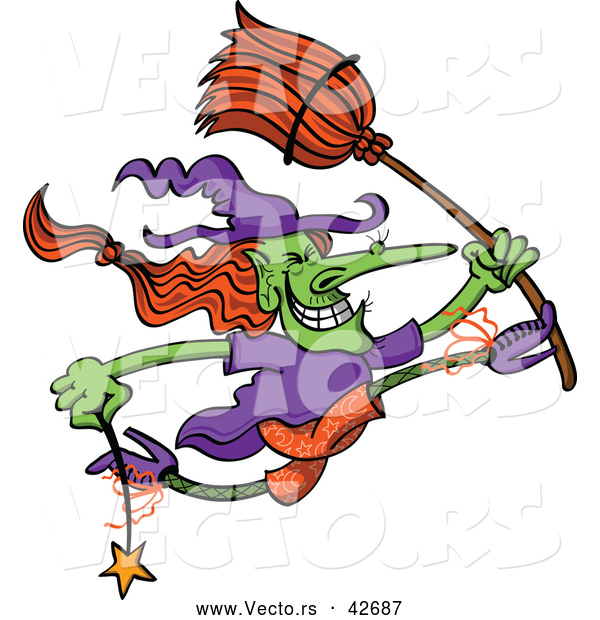 Vector of a Wicked Cartoon Witch Jumping with a Wand and Broom Stick