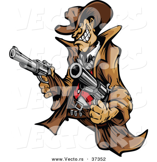 Vector of a Wild West Cartoon Cowboy Mascot Pointing Two Handguns While Grinning