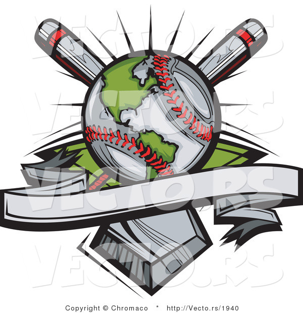 Vector of a Worldwide Baseball Globe with Blank Banner over Crossed Bats and a Home Plate