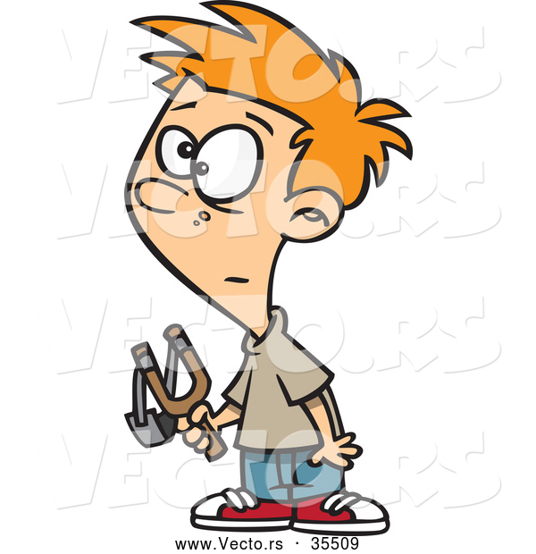 Vector of a Worried Cartoon Boy Holding a Slingshot
