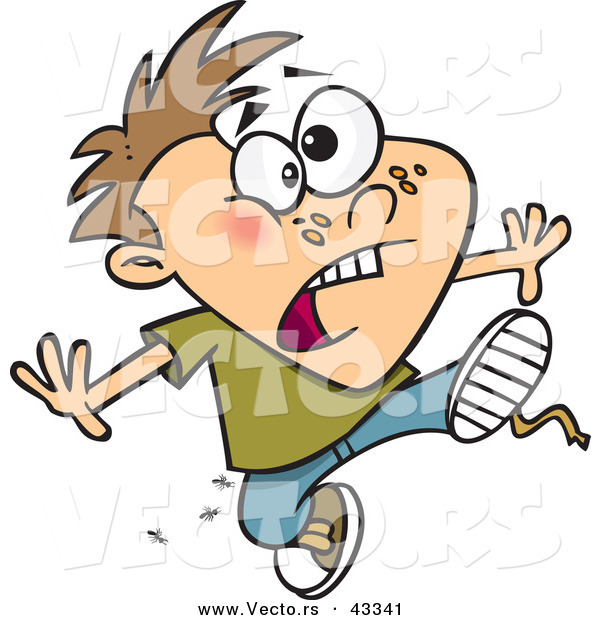 Vector of a Worried Cartoon Boy Running with Ants in His Clothes