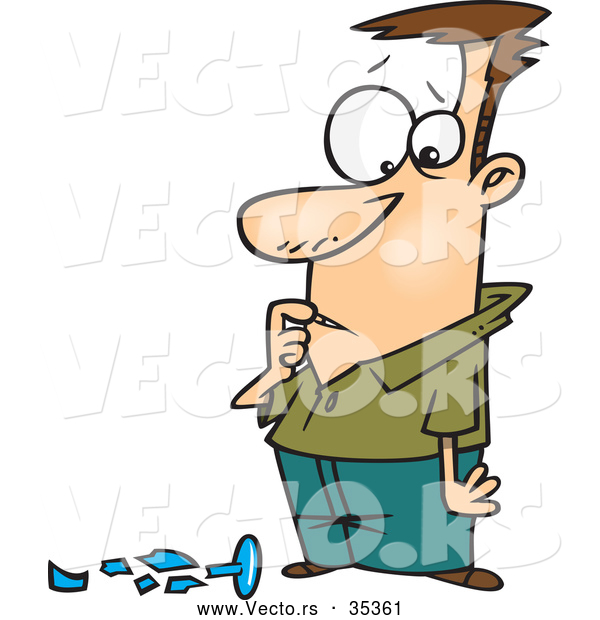 Vector of a Worried Cartoon Man Standing over an Expensive Broken Glass Cup