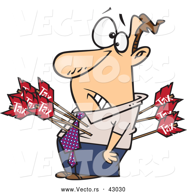 Vector of a Worried Cartoon Man Struck with Deadly Tax Arrows to His Back and Chest