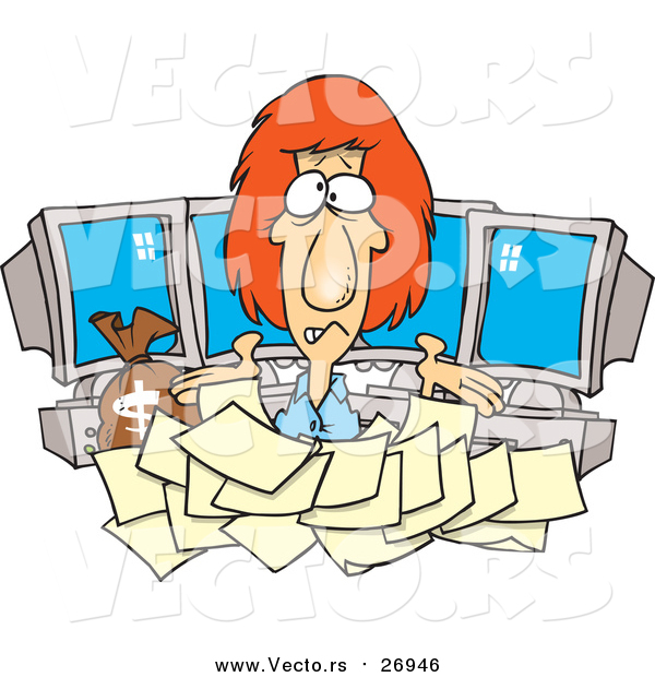 Vector of a Worried Computer Businesswoman with Tax Documents and Money Issues - Cartoon Style