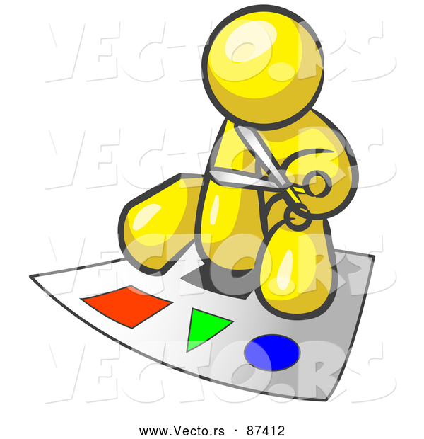 Vector of a Yellow Character with Scissors Preparing Poster Board with Colorful Shapes