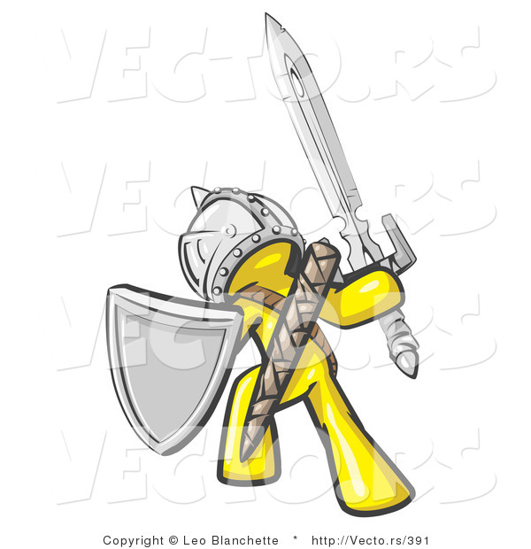 Vector of a Yellow Knight with Shield and Sword Standing in Battle Mode