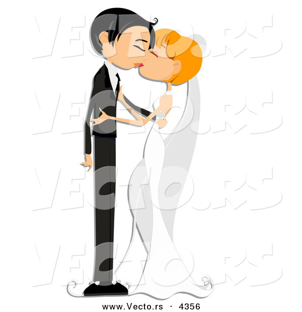 Vector of a Young Cartoon Bride and Groom Kissing Each Other