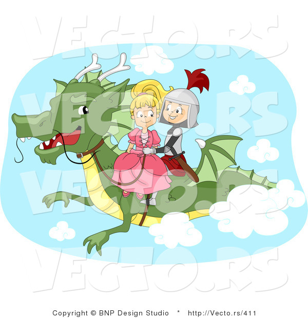 Vector of a Young Cartoon Knight and Princess Riding a Dragon