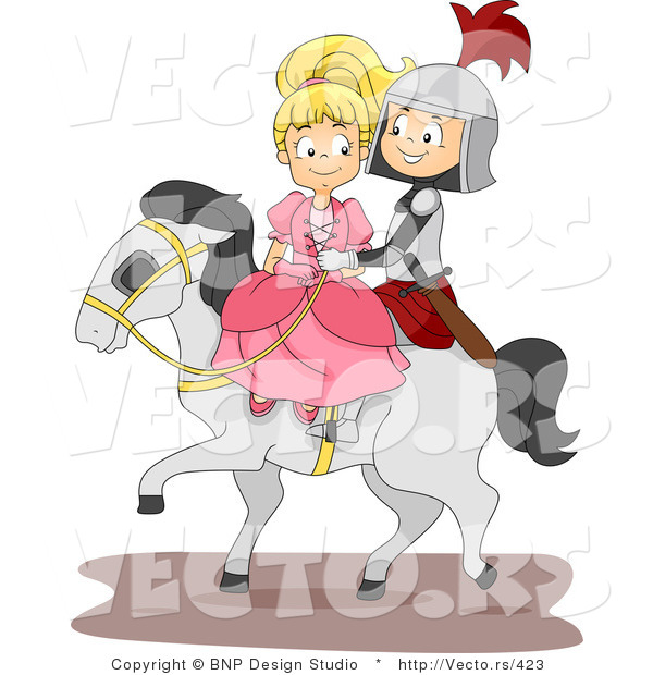 Vector of a Young Cartoon Knight and Princess Riding a Horse
