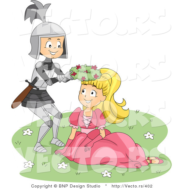 Vector of a Young Cartoon Knight Giving Princess a Flower Crown Gift