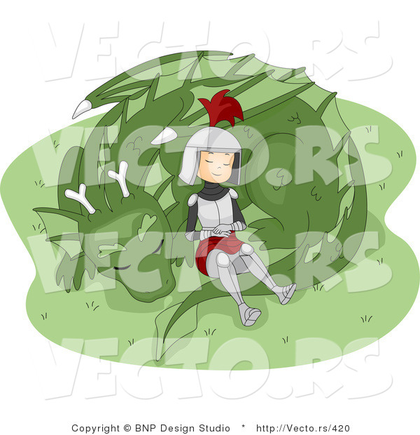 Vector of a Young Cartoon Knight Sleeping on His Dragon