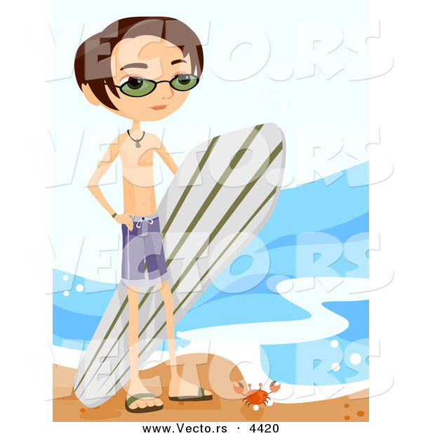 Vector of a Young Cartoon Surfer Boy Carrying His Surfboard Beside a Beach with a Crab