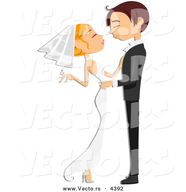 Vector of a Young Cartoon Wedding Couple Embracing and Preparing to Kiss