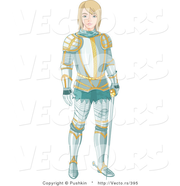 Vector of a Young Knight Wearing Aqua Colored Armor with Gold Trimming