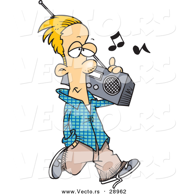 Vector of a Young Man Listening to an Old Boom Box While Walking - Cartoon Style