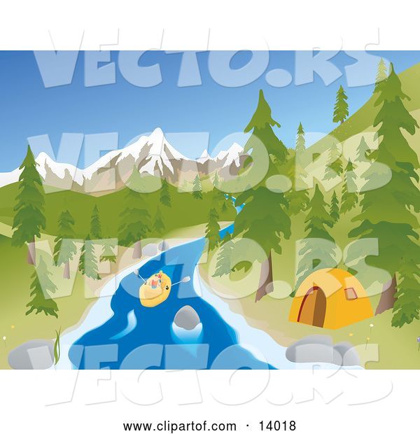 Vector of Active Young Couple Rafting down a River past a Tent at a Camp Site with Mountains in the Background