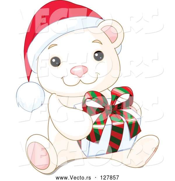 Vector of Adorable Baby Polar Bear Wearing a Santa Hat and Holding a Christmas Gift