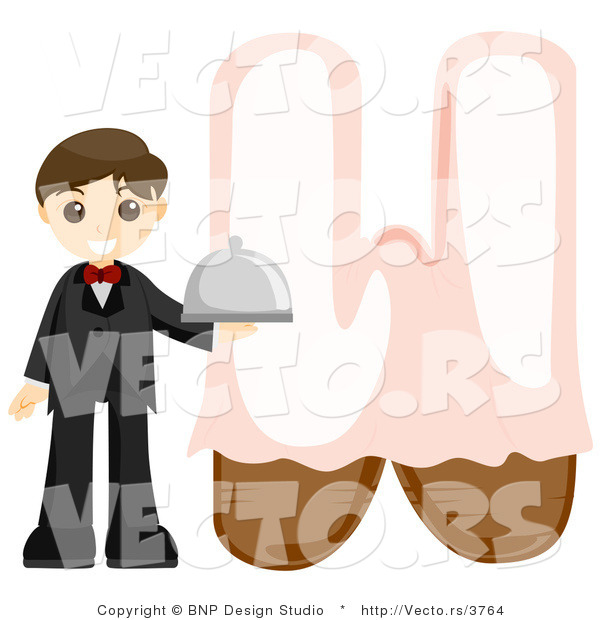 Vector of Alphabet Letter W with a Waiter Boy