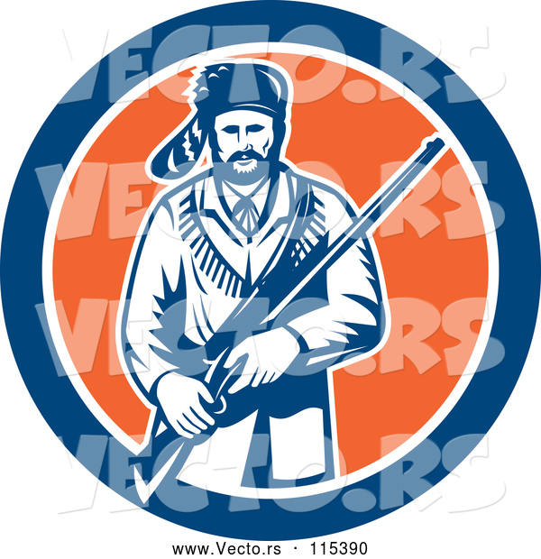 Vector of American Frontiersman, Davy Crockett, Holding a Rifle in a Blue White and Orange Circle