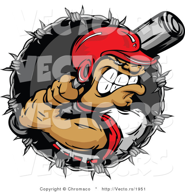 Vector of an Aggressive Batter Preparing to Strike Baseball Within Barbed Wire Icon - Cartoon Design
