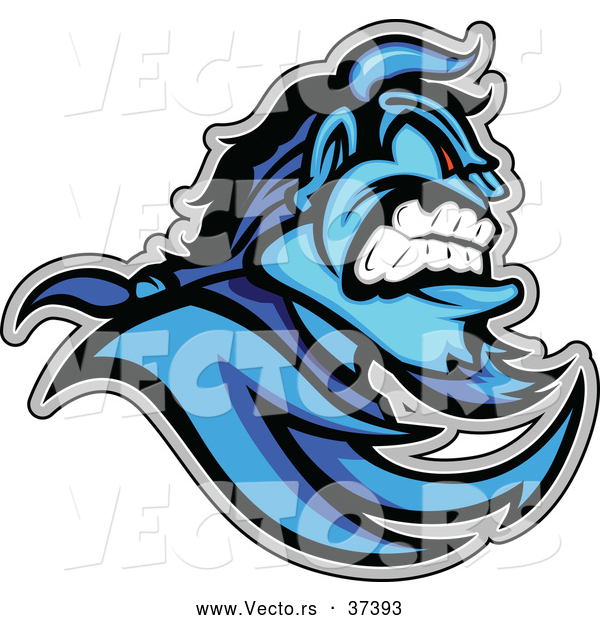 Vector of an Aggressive Cartoon Blue Demon Mascot with ViscousFacial Expression