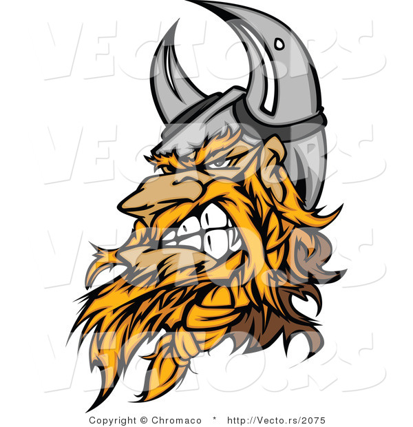 Vector of an Aggressive Cartoon Viking Warrior Mascot Wearing Horns While Gritting His Teeth