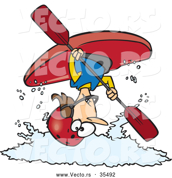 Vector of an Airborne Cartoon Female Kayaker Flipping Above White Water Waves