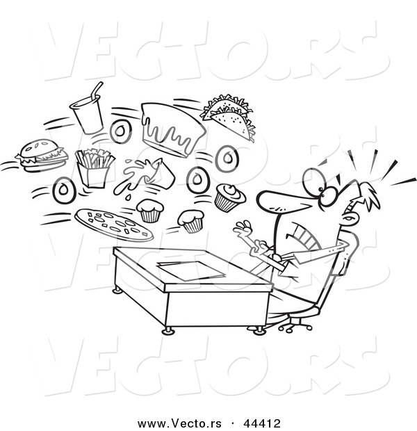 Vector of an Alerted Cartoon Businessman Bombarded with Junk Food at the Office - Coloring Page Outline