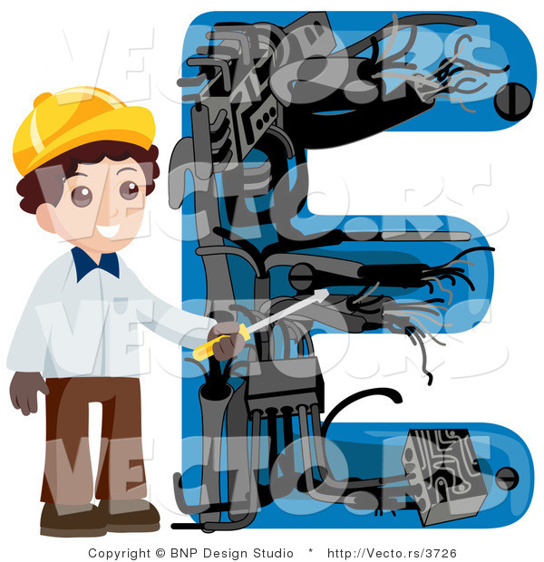 Vector of an Alphabet Letter E with an Electrician Boy