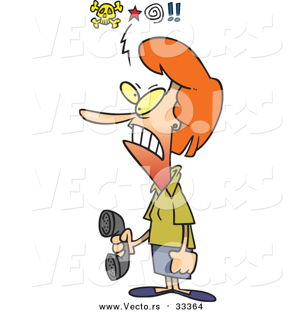 Vector of an Angry Woman Holding Landline Telephone - Cartoon Style