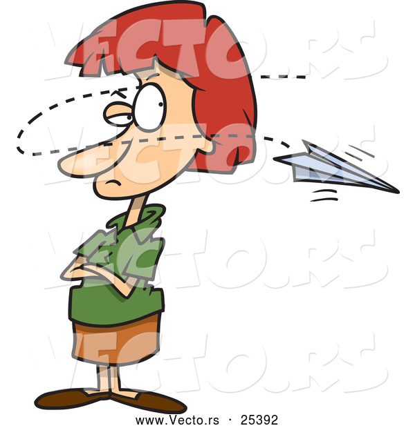 Vector of an Annoyed Cartoon Woman Distracted by a Paper Airplane Flying in Front of Her Face