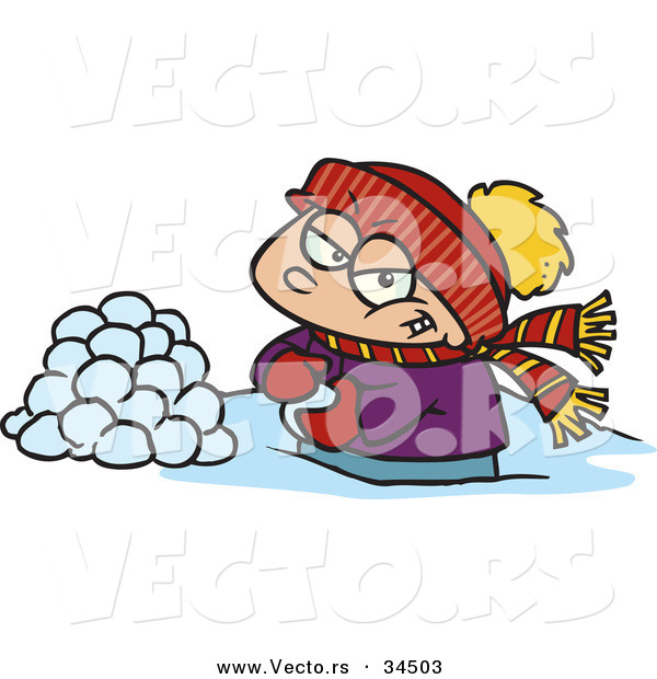 Vector of an Evil Cartoon Boy Prepared to Fight with Snowballs