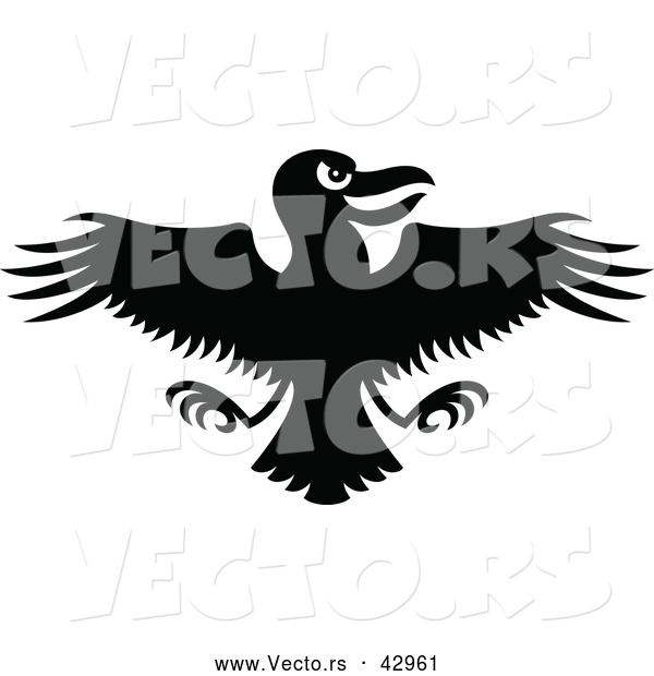 Vector of an Evil Cartoon Crow with Wings Spread out - Black and White