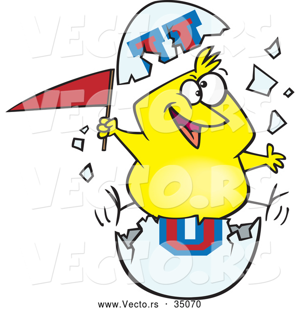 Vector of an Excited Cartoon Freshmen Chick Breaking out of an Egg with a Flag