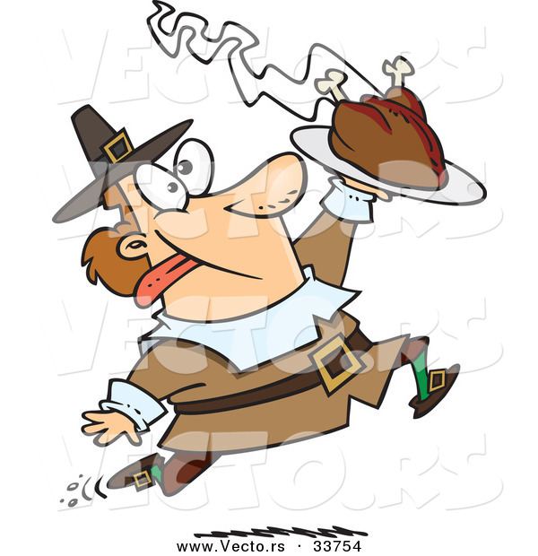 Vector of an Excited Cartoon Pilgrim Man Running with a Hot Turkey on a Serving Tray