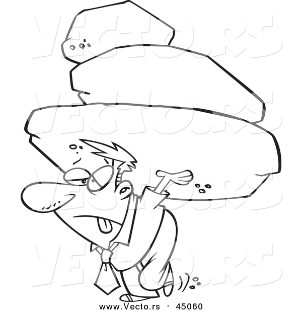 Vector of an Exhausted Man Carrying a Heavy Load of Boulders - Cartoon Concept Lineart