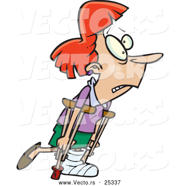 Vector of an Injured Cartoon Woman Wearing a Cast over Her Foot While Using Crutches