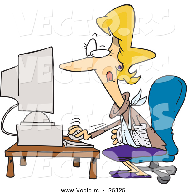 Vector of an Injured Cartoon Woman Working on a Desktop Computer
