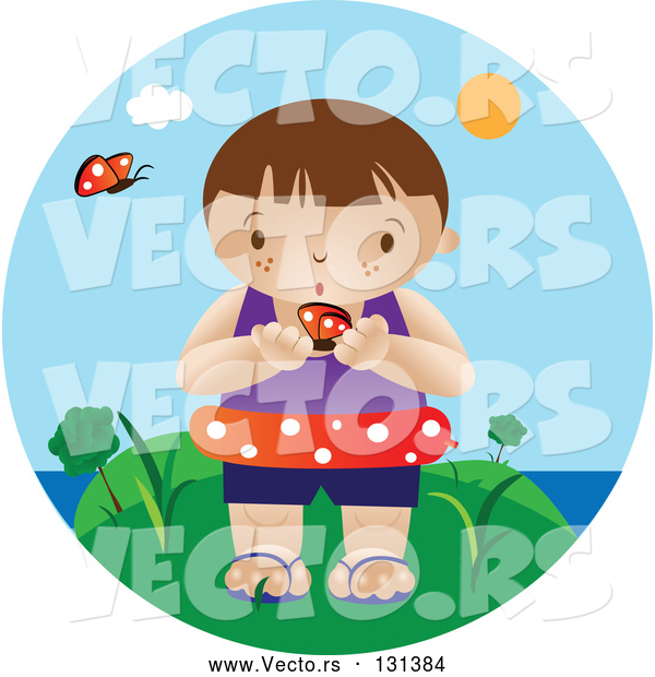 Vector of an Interested Boy Wearing an Inner Tube and Holding a Butterfly While Standing near the Beach on a Hot Summer Day