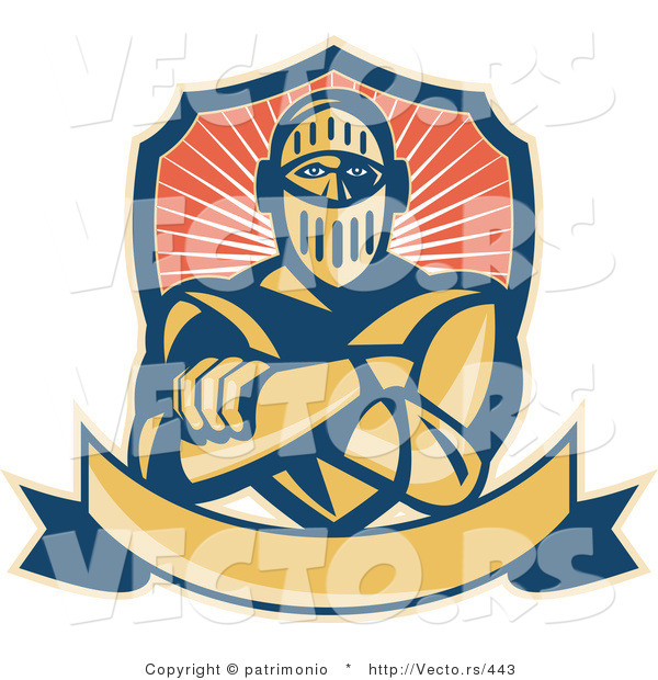 Vector of an Intimidating Knight with Crossed Arms Above a Blank Banner with Shield in Background