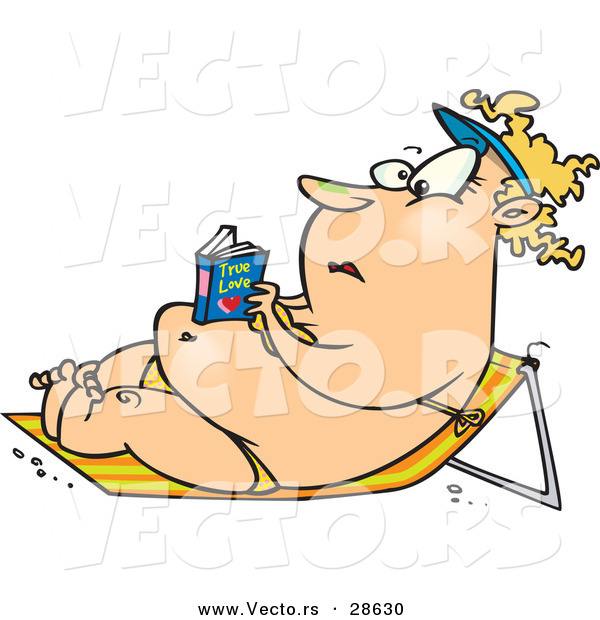 Vector of an Obese Cartoon Woman Reading a Romance Novel While Wearing a Bikini on a Beach Chair
