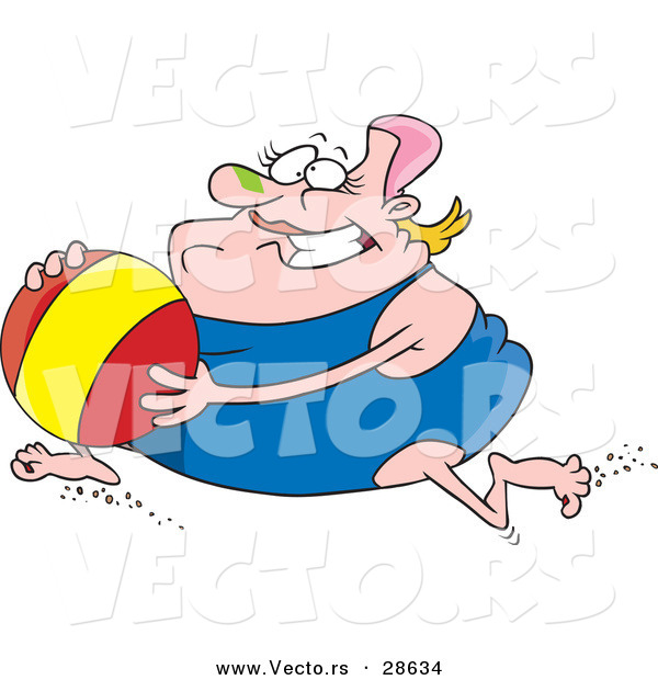 Vector of an Obese Cartoon Woman Running with a Beach Ball While Wearing a One Piece Swimsuit
