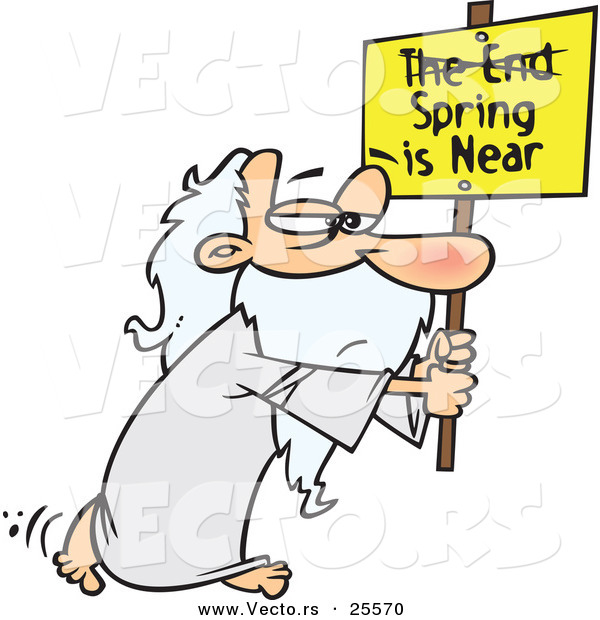 Vector of an Old Cartoon Man Carrying "Spring Is Near" Sign with "The End" Criss-Crossed out